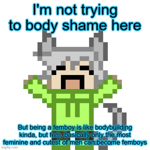 Being compeltly hairless on the body, cute tummy etc. | I'm not trying to body shame here; But being a femboy is like bodybuilding kinda, but fem, basically only the most feminine and cutest of men can become femboys | image tagged in neko happy png | made w/ Imgflip meme maker