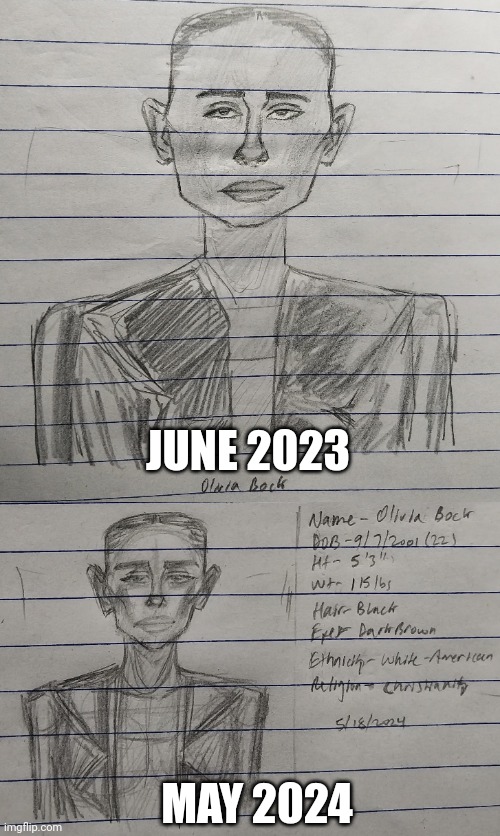 11 Month Art Improvement 'Olivia Bock' | JUNE 2023; MAY 2024 | image tagged in drawings,sketch,girl,oc,redraw | made w/ Imgflip meme maker