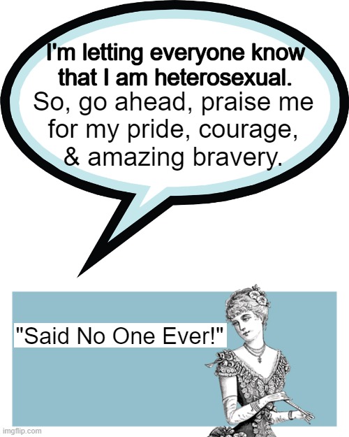 "So, is a month-long celebration in order?" (Said No One Ever!) | I'm letting everyone know 
that I am heterosexual. So, go ahead, praise me 
for my pride, courage, 
& amazing bravery. "Said No One Ever!" | image tagged in political humor,hetero,homo,pride,celebration,gender identity | made w/ Imgflip meme maker