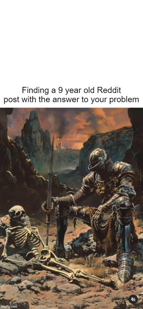 Respect For Those Past | Finding a 9 year old Reddit post with the answer to your problem | image tagged in honor,knight,skeleton,night x skeleton | made w/ Imgflip meme maker