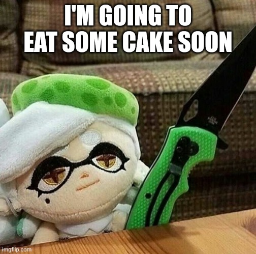 Marie plush with a knife | I'M GOING TO EAT SOME CAKE SOON | image tagged in marie plush with a knife | made w/ Imgflip meme maker