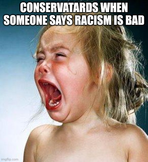 crying girl | CONSERVATARDS WHEN SOMEONE SAYS RACISM IS BAD | image tagged in crying girl | made w/ Imgflip meme maker