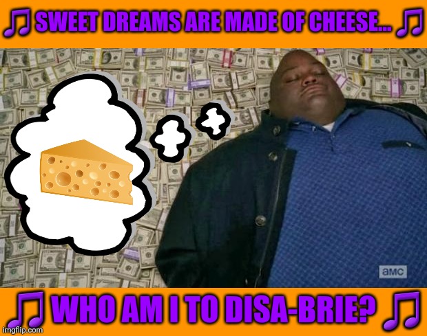 Everybody... is looking for something... | 🎵 SWEET DREAMS ARE MADE OF CHEESE... 🎵; 🎵 WHO AM I TO DISA-BRIE? 🎵 | image tagged in huell money,cheese,dreams,sweet dreams,bad pun,dad joke | made w/ Imgflip meme maker