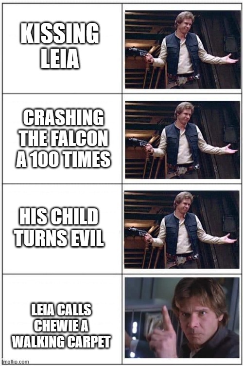 never mess with the best friend of a Wookie | KISSING LEIA; CRASHING THE FALCON A 100 TIMES; HIS CHILD TURNS EVIL; LEIA CALLS CHEWIE A WALKING CARPET | image tagged in han solo don't care except that one thing | made w/ Imgflip meme maker