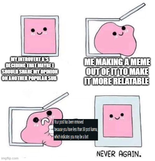 Never again | MY INTROVERT A*S DECIDING THAT MAYBE I SHOULD SHARE MY OPINION ON ANOTHER POPULAR SUB; ME MAKING A MEME OUT OF IT TO MAKE IT MORE RELATABLE | image tagged in never again | made w/ Imgflip meme maker