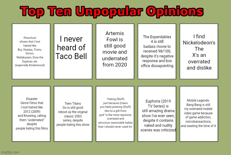 My Top 10 Unpopular Opinions (Template by SplicedBeast) | Artemis Fowl is still good movie and underrated from 2020; I find Nickelodeon's The X's an overrated and dislike; I never heard of Taco Bell; The Expendables 4 is still badass movie to received 98/100, despite it's negative response and box office dissapointing; Preschool shows that I lost hatred like Boj, Abadas, Trotro, Simon, Wallykazam, Dora the Explorer, etc (especially Kinderwood); Disaster Genre Films that I lost hatred like 2012 (2009) and Knowing, calling them "underrated" despite people hating this films; "Hating (Stuff) just because (Users you hate) praising (Stuff) like its a gift from god" is the most repulsive, overrated and atrocious reasonable habits that I should never used for. Mobile Legends: Bang Bang is still my overrated mobile video game because of game addiction, microtransactions, and wasting the time of it; Teen Titans Go is still good reboot as the original classic 2003 series, despite people hating this show; Euphoria (2019 TV Series) is still amazing drama show I've ever seen, despite it contains naked and nudity scenes was criticized | image tagged in unpopular opinion,opinion,meme,template,deviantart,memes | made w/ Imgflip meme maker
