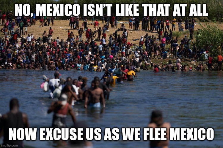 Illegals invading the border | NO, MEXICO ISN’T LIKE THAT AT ALL NOW EXCUSE US AS WE FLEE MEXICO | image tagged in illegals invading the border | made w/ Imgflip meme maker