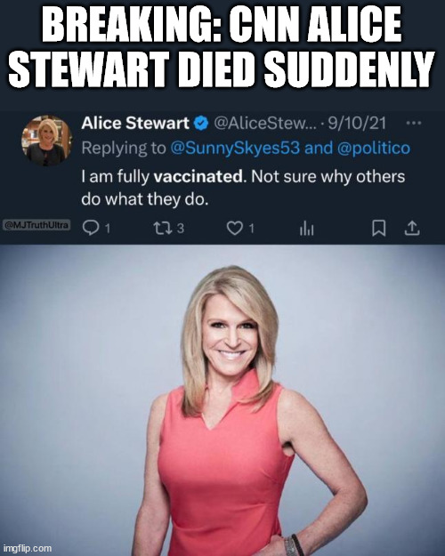 Another vaccine coincidence...  58 years old... | BREAKING: CNN ALICE STEWART DIED SUDDENLY | image tagged in another,excessive,dealth,pure coincidence | made w/ Imgflip meme maker