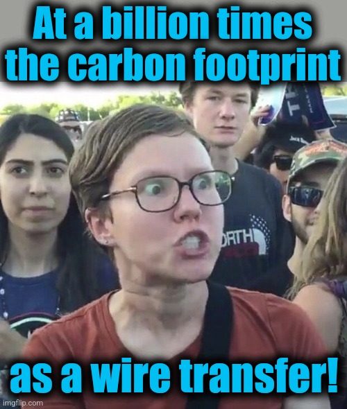Triggered feminist | At a billion times the carbon footprint as a wire transfer! | image tagged in triggered feminist | made w/ Imgflip meme maker