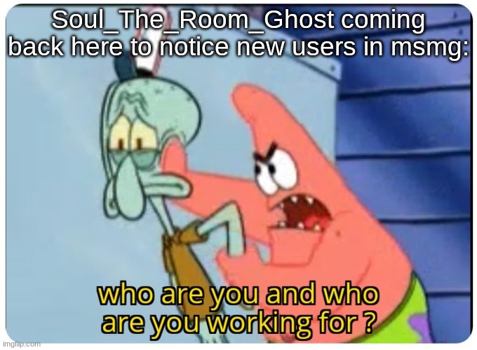 who are you and who are you working for | Soul_The_Room_Ghost coming back here to notice new users in msmg: | image tagged in who are you and who are you working for | made w/ Imgflip meme maker