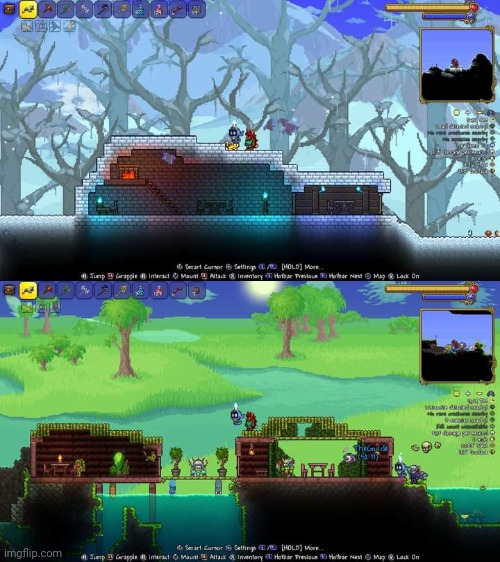 Two houses, ready for pylon transport! | image tagged in terraria,gaming,video games,nintendo switch,screenshot,multiplayer | made w/ Imgflip meme maker