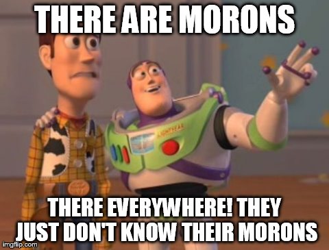 X, X Everywhere | THERE ARE MORONS THERE EVERYWHERE! THEY JUST DON'T KNOW THEIR MORONS | image tagged in memes,x x everywhere | made w/ Imgflip meme maker