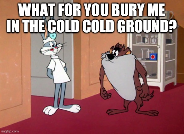 Bugs Bunny and the Tasmanian Devil | WHAT FOR YOU BURY ME IN THE COLD COLD GROUND? | image tagged in bugs bunny and the tasmanian devil | made w/ Imgflip meme maker