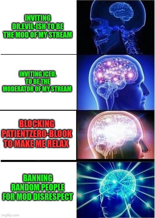 Meme 1: Inviting people to my stream | INVITING DR.EVIL-ISH TO BE THE MOD OF MY STREAM; INVITING ICEU. TO BE THE MODERATOR OF MY STREAM; BLOCKING PATIENTZER0-BLOOK TO MAKE ME RELAX; BANNING RANDOM PEOPLE FOR MOD DISRESPECT | image tagged in memes,expanding brain,moderators | made w/ Imgflip meme maker