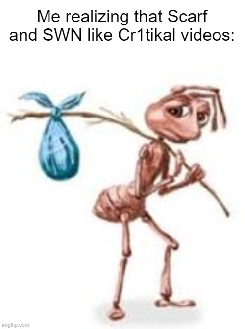 Sad ant with bindle | Me realizing that Scarf and SWN like Cr1tikal videos: | image tagged in sad ant with bindle | made w/ Imgflip meme maker