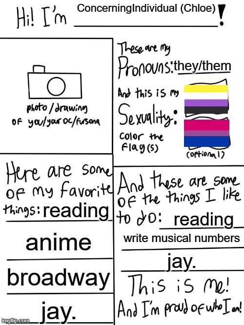 My partner made this but im posting it because they dont have enough points yet | ConcerningIndividual (Chloe); they/them; reading; reading; anime; write musical numbers; jay. broadway; jay. | image tagged in lgbtq stream account profile | made w/ Imgflip meme maker