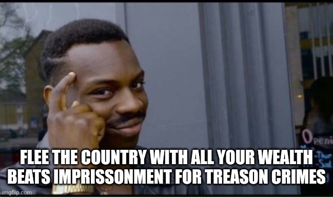 Thinking Black Man | FLEE THE COUNTRY WITH ALL YOUR WEALTH BEATS IMPRISSONMENT FOR TREASON CRIMES | image tagged in thinking black man | made w/ Imgflip meme maker