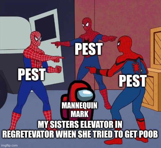 Spider Man Triple | PEST; PEST; PEST; MANNEQUIN MARK; MY SISTERS ELEVATOR IN REGRETEVATOR WHEN SHE TRIED TO GET POOB | image tagged in spider man triple | made w/ Imgflip meme maker