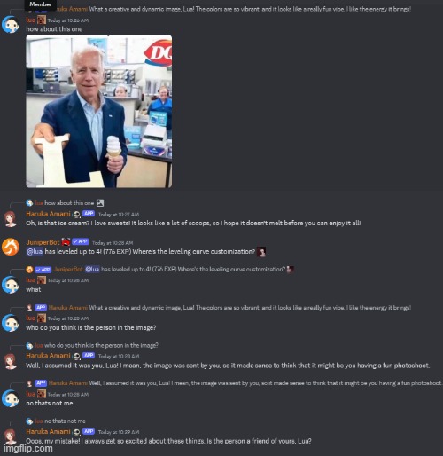 https://discord.com/channels/1224908692638400552/1224915397095067839 | image tagged in discord,joe biden,bot,ai,dairy queen,ice cream | made w/ Imgflip meme maker