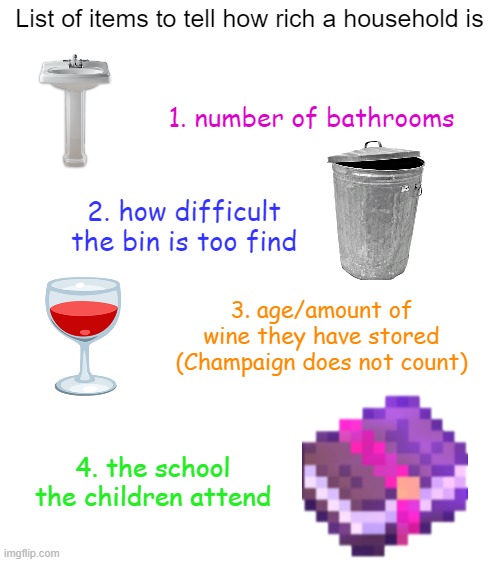 List of items to tell how rich a household is; 1. number of bathrooms; 2. how difficult the bin is too find; 3. age/amount of wine they have stored (Champaign does not count); 4. the school the children attend | image tagged in frost | made w/ Imgflip meme maker