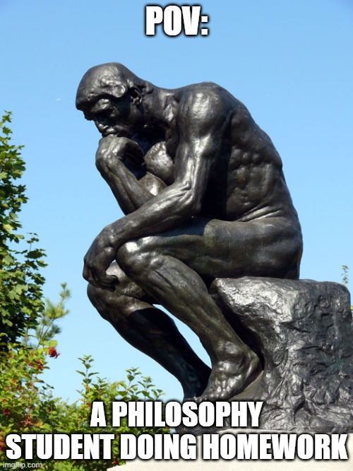 my brother in a nutshell | POV:; A PHILOSOPHY STUDENT DOING HOMEWORK | image tagged in the thinker,philosophy,bro is philosophizing | made w/ Imgflip meme maker
