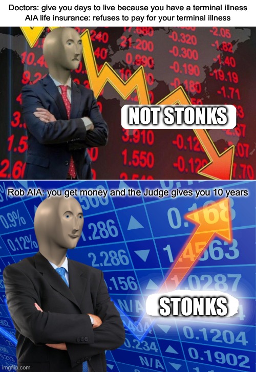 Life insurance and the law | Doctors: give you days to live because you have a terminal illness
AIA life insurance: refuses to pay for your terminal illness; NOT STONKS; Rob AIA: you get money and the Judge gives you 10 years; STONKS | image tagged in not stonks blank,empty stonks,judge,doctors | made w/ Imgflip meme maker
