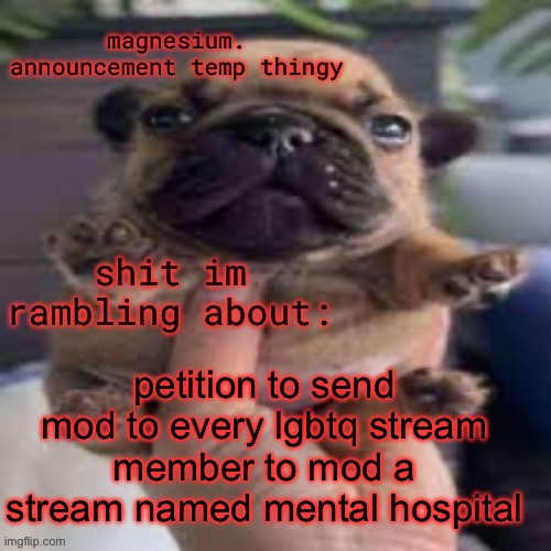pug temp | petition to send mod to every lgbtq stream member to mod a stream named mental hospital | image tagged in pug temp | made w/ Imgflip meme maker