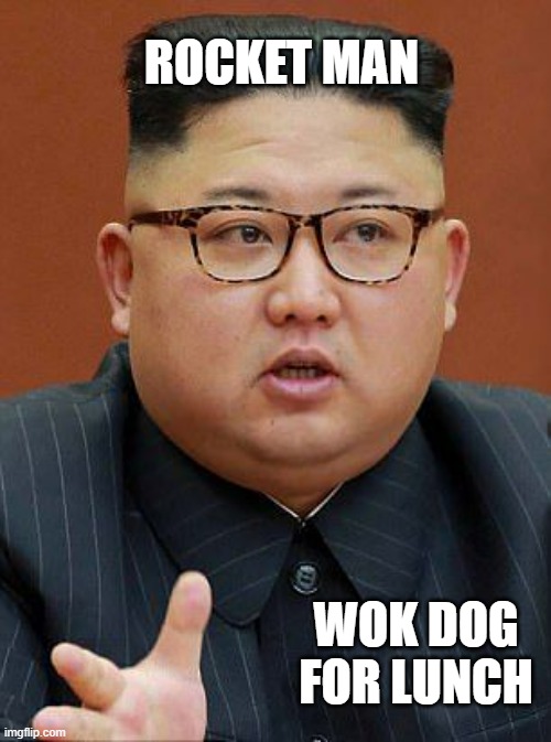 Kim J... wait, I'M the fat one? | ROCKET MAN WOK DOG
FOR LUNCH | image tagged in kim j wait i'm the fat one | made w/ Imgflip meme maker