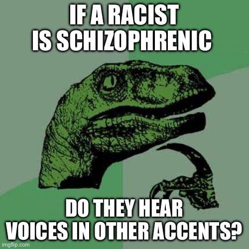 Philosoraptor Meme | IF A RACIST IS SCHIZOPHRENIC; DO THEY HEAR VOICES IN OTHER ACCENTS? | image tagged in memes,philosoraptor | made w/ Imgflip meme maker