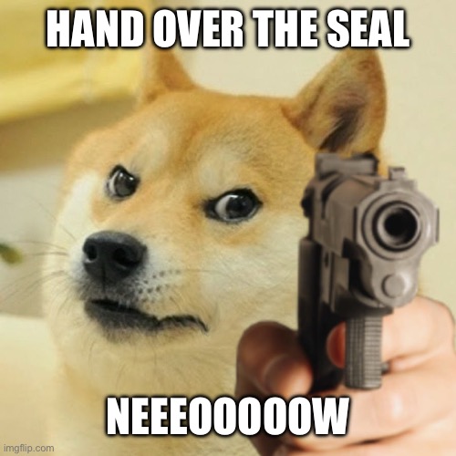 Doge holding a gun | HAND OVER THE SEAL NEEEOOOOOW | image tagged in doge holding a gun | made w/ Imgflip meme maker