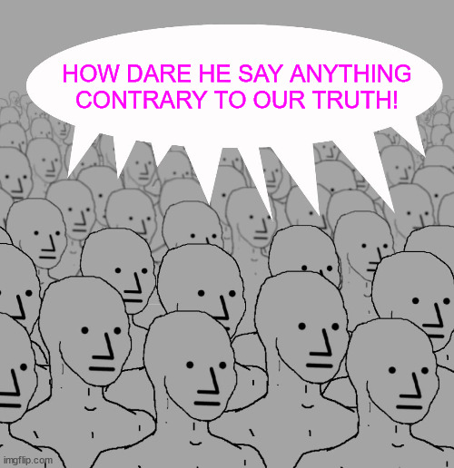 npc-crowd | HOW DARE HE SAY ANYTHING CONTRARY TO OUR TRUTH! | image tagged in npc-crowd | made w/ Imgflip meme maker