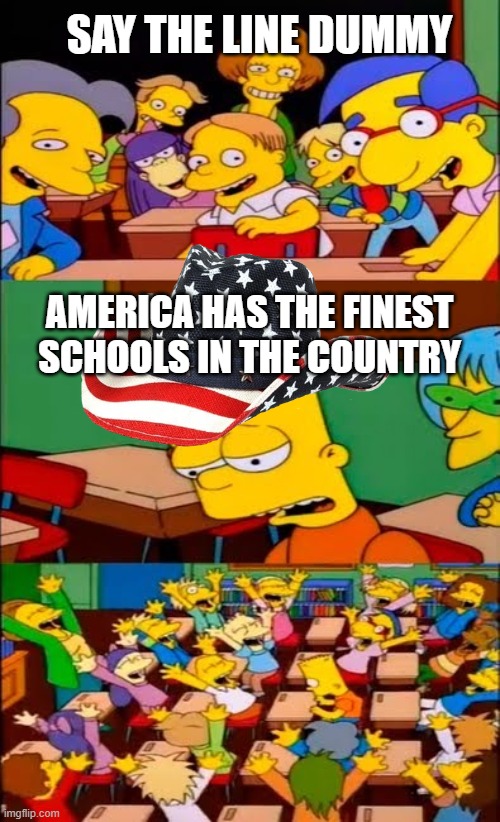 Murica | SAY THE LINE DUMMY; AMERICA HAS THE FINEST SCHOOLS IN THE COUNTRY | image tagged in say the line bart simpsons,usa | made w/ Imgflip meme maker