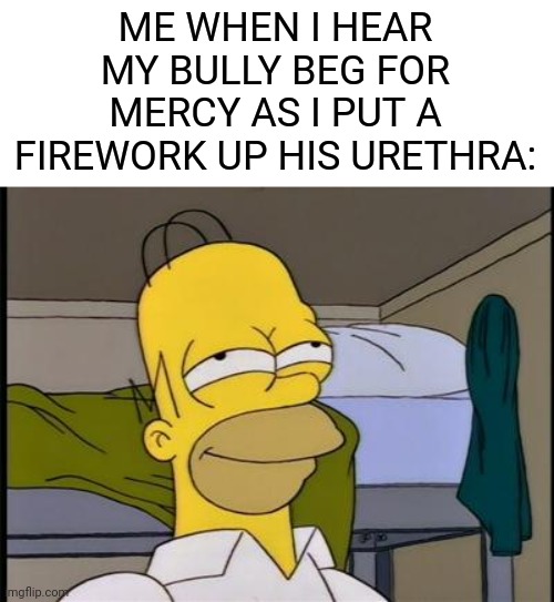 satisfaction | ME WHEN I HEAR MY BULLY BEG FOR MERCY AS I PUT A FIREWORK UP HIS URETHRA: | image tagged in homer satisfied,bully,toture | made w/ Imgflip meme maker