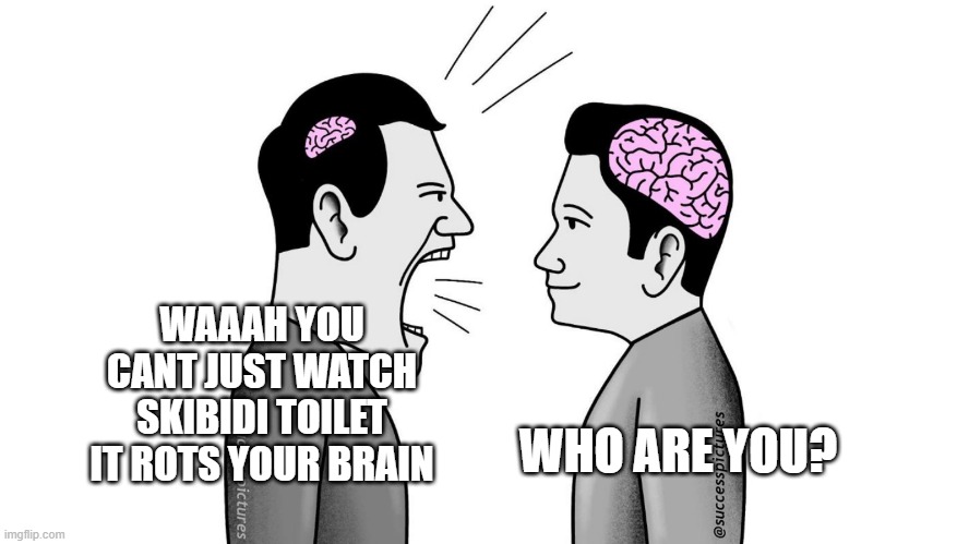 truth reality | WAAAH YOU CANT JUST WATCH SKIBIDI TOILET IT ROTS YOUR BRAIN; WHO ARE YOU? | image tagged in small brain yelling at big brain | made w/ Imgflip meme maker