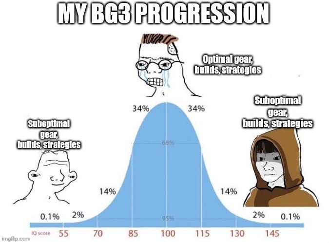 Bell Curve | MY BG3 PROGRESSION; Optimal gear, builds, strategies; Suboptimal gear, builds, strategies; Suboptimal gear, builds, strategies | image tagged in bell curve | made w/ Imgflip meme maker