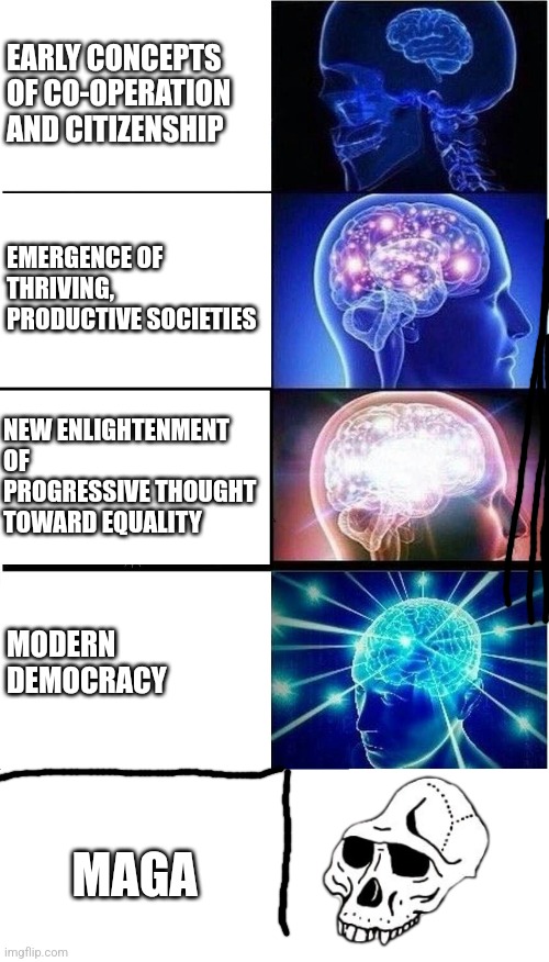 Expanding Brain Meme | EARLY CONCEPTS OF CO-OPERATION AND CITIZENSHIP; EMERGENCE OF THRIVING, PRODUCTIVE SOCIETIES; NEW ENLIGHTENMENT OF PROGRESSIVE THOUGHT TOWARD EQUALITY; MODERN DEMOCRACY; MAGA | image tagged in memes,expanding brain | made w/ Imgflip meme maker