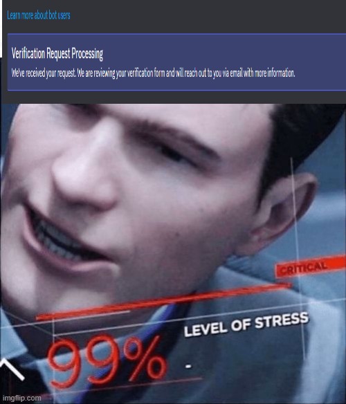 99% Level of Stress | image tagged in 99 level of stress,discord,bot | made w/ Imgflip meme maker