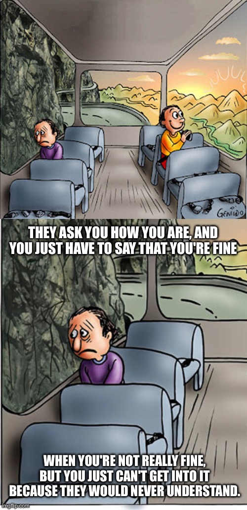 They ask you if your fine | THEY ASK YOU HOW YOU ARE, AND YOU JUST HAVE TO SAY THAT YOU'RE FINE; WHEN YOU'RE NOT REALLY FINE, BUT YOU JUST CAN'T GET INTO IT BECAUSE THEY WOULD NEVER UNDERSTAND. | image tagged in two guys on a bus,2 guys on a bus | made w/ Imgflip meme maker