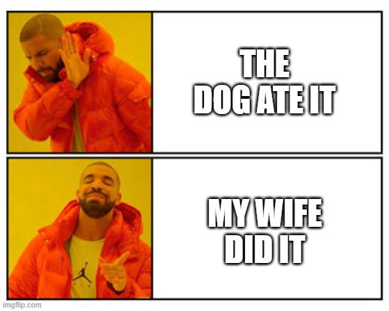 No - Yes | THE DOG ATE IT; MY WIFE DID IT | image tagged in no - yes | made w/ Imgflip meme maker