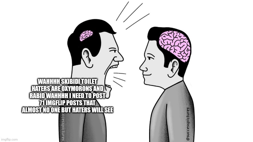 small brain yelling at big brain | WAHHHH SKIBIDI TOILET HATERS ARE OXYMORONS AND RABID WAHHHH I NEED TO POST 71 IMGFLIP POSTS THAT ALMOST NO ONE BUT HATERS WILL SEE | image tagged in small brain yelling at big brain | made w/ Imgflip meme maker
