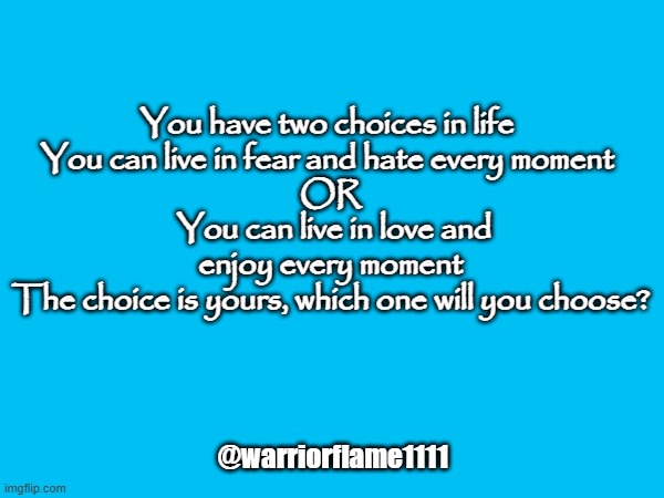 two choices | You have two choices in life 
You can live in fear and hate every moment 
OR
 You can live in love and enjoy every moment
The choice is yours, which one will you choose? @warriorflame1111 | image tagged in love,fear | made w/ Imgflip meme maker