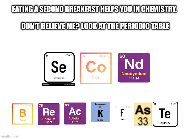 Second Breakfast's on the Periodic Table xD | EATING A SECOND BREAKFAST HELPS YOU IN CHEMISTRY. DON'T BELIEVE ME? LOOK AT THE PERIODIC TABLE | image tagged in science | made w/ Imgflip meme maker