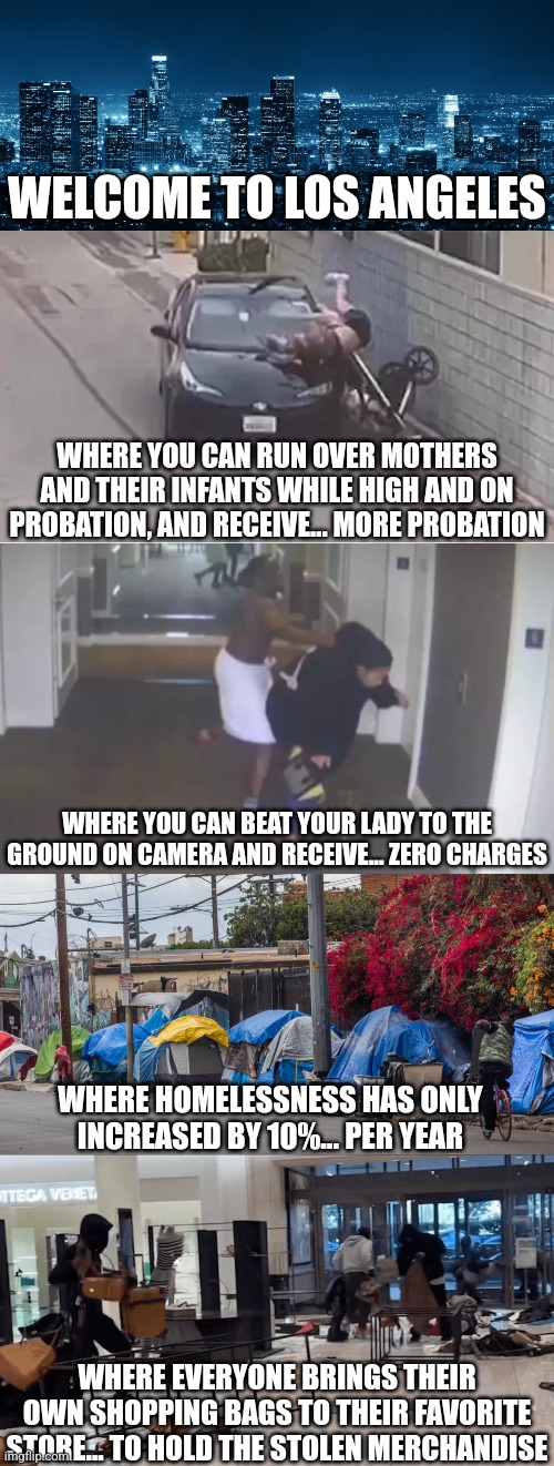 Why do Democrats ONLY talk about abortion in their political ads? Because supporting violence, abuse, and theft is a given! | WELCOME TO LOS ANGELES; WHERE YOU CAN RUN OVER MOTHERS AND THEIR INFANTS WHILE HIGH AND ON PROBATION, AND RECEIVE... MORE PROBATION; WHERE YOU CAN BEAT YOUR LADY TO THE GROUND ON CAMERA AND RECEIVE... ZERO CHARGES; WHERE HOMELESSNESS HAS ONLY INCREASED BY 10%... PER YEAR; WHERE EVERYONE BRINGS THEIR OWN SHOPPING BAGS TO THEIR FAVORITE STORE... TO HOLD THE STOLEN MERCHANDISE | image tagged in los angeles,theft,liberal logic,stupid people,democratic party,biased media | made w/ Imgflip meme maker