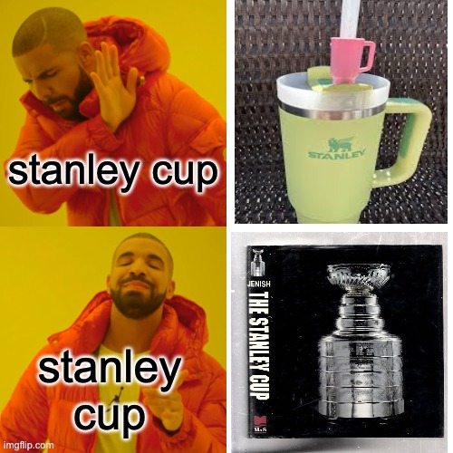 stanley cup(no hate against the drinking one btw) | stanley cup; stanley cup | image tagged in memes,drake hotline bling | made w/ Imgflip meme maker