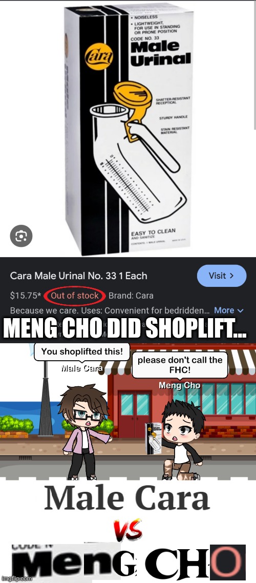 Meng Cho went from shoplifting SAQ NSFW movies to shoplifting urinals. Wow. | MENG CHO DID SHOPLIFT... | image tagged in pop up school 2,pus2,male cara,meng cho,shoplifting,out of stock | made w/ Imgflip meme maker
