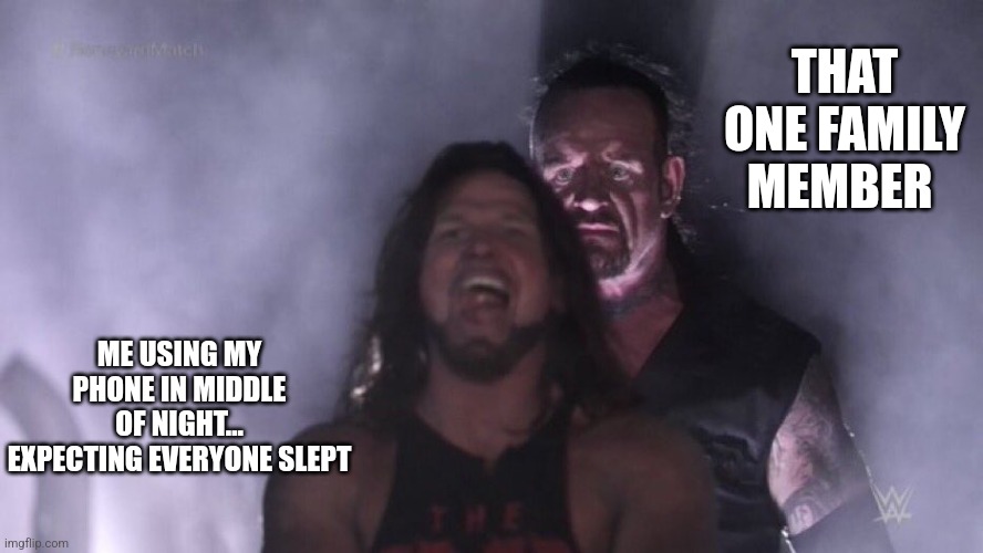 It's TRUE right? | THAT ONE FAMILY MEMBER; ME USING MY PHONE IN MIDDLE OF NIGHT... EXPECTING EVERYONE SLEPT | image tagged in aj styles undertaker | made w/ Imgflip meme maker