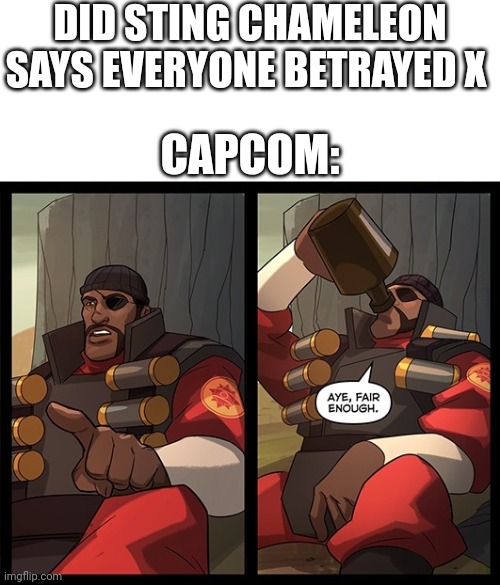 Nuh uh | DID STING CHAMELEON SAYS EVERYONE BETRAYED X; CAPCOM: | image tagged in aye fair enough | made w/ Imgflip meme maker