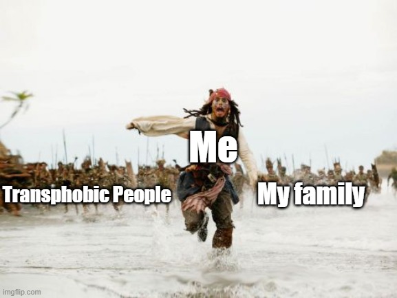 Literally my life | Me; Transphobic People; My family | image tagged in memes,jack sparrow being chased,transgender | made w/ Imgflip meme maker