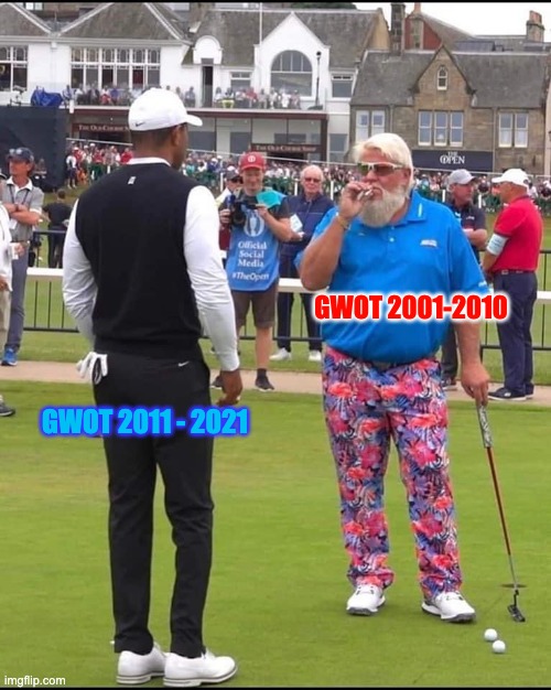 GWOT | GWOT 2001-2010; GWOT 2011 - 2021 | image tagged in john daly and tiger woods | made w/ Imgflip meme maker