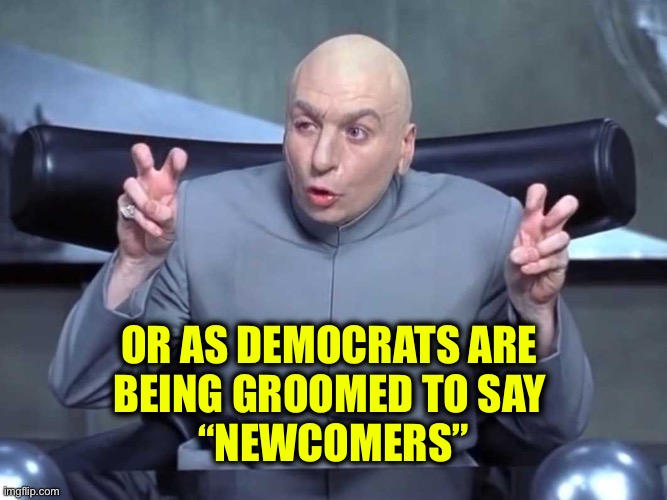 Dr Evil air quotes | OR AS DEMOCRATS ARE 
BEING GROOMED TO SAY 
“NEWCOMERS” | image tagged in dr evil air quotes | made w/ Imgflip meme maker